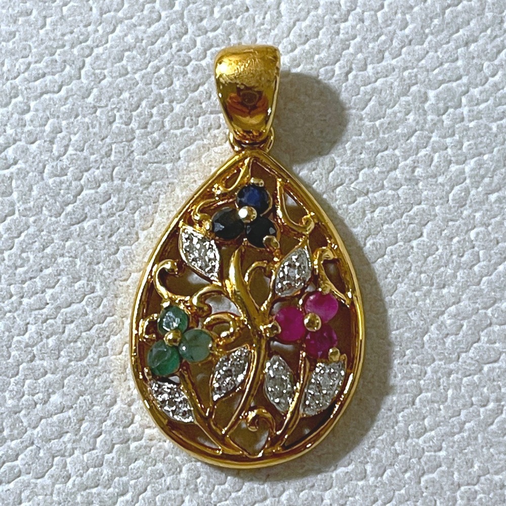 925 Sterling Silver Gold Plated Emerald Ruby Sapphire Diamond Teardrop Pendant